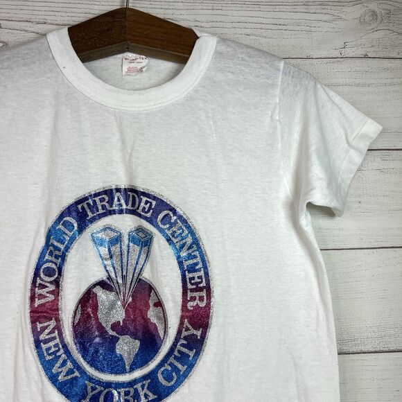 Vintage Shirt-Tex 80s 90s World Trade Center Glitter Graphic Single Stitch M USA - Picture 4 of 9